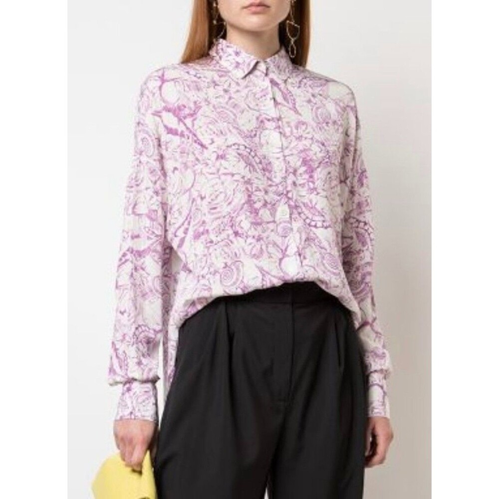 Tibi Blouse Purple White Isa Toile Crepe Button Front Oversized Top L